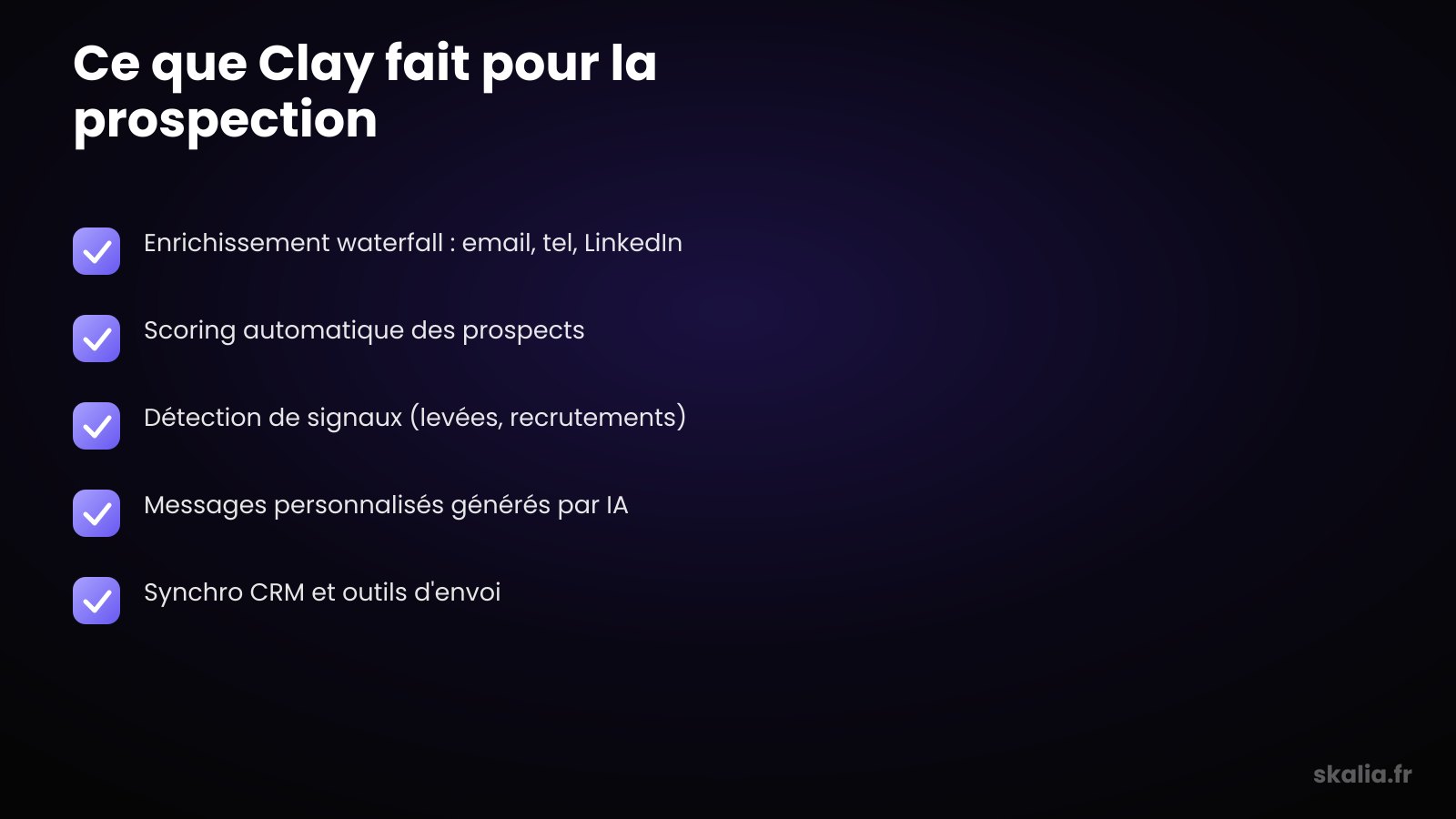 Schéma du fonctionnement de Clay pour la prospection : enrichissement waterfall, scoring et personnalisation IA