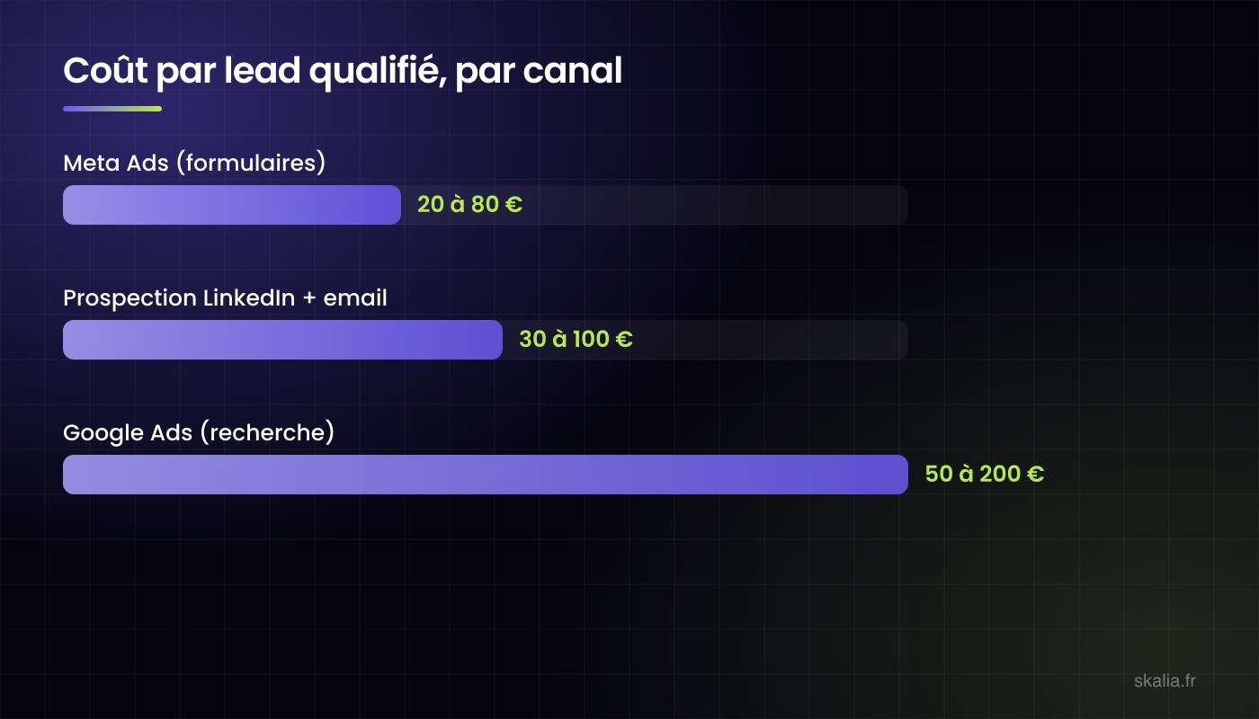 Coût par lead qualifié par canal en B2B : 30 à 100 $ en Meta Ads, 45 à 150 $ en prospection LinkedIn et email, 75 à 300 $ en Google Ads