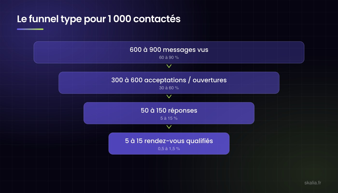 Funnel type d’une campagne LinkedIn B2B pour 1 000 prospects contactés : 600 à 900 messages vus, 300 à 600 acceptations, 50 à 150 réponses, 5 à 15 rendez-vous qualifiés