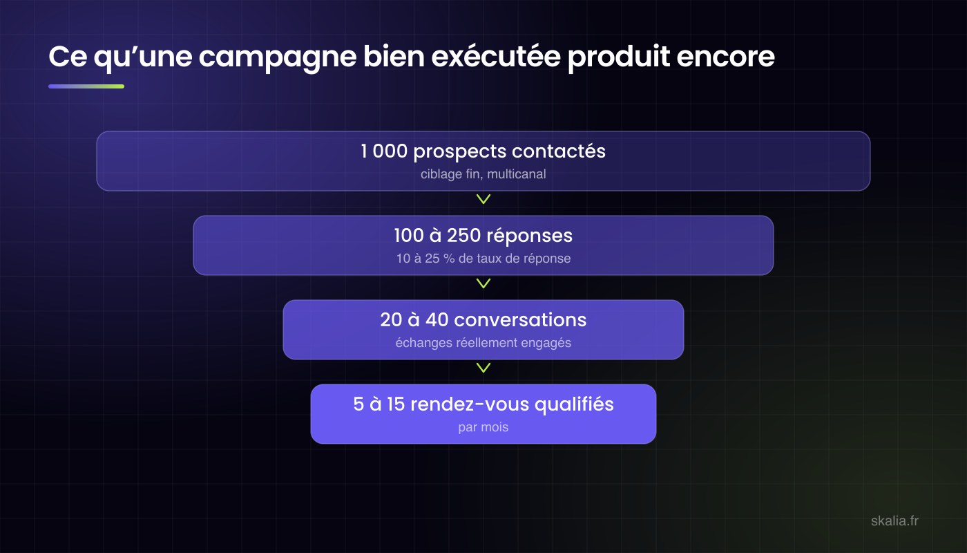 Funnel d'une campagne de prospection LinkedIn en 2026 : 1 000 prospects contactés, 100 à 250 réponses, 20 à 40 conversations, 5 à 15 rendez-vous qualifiés par mois