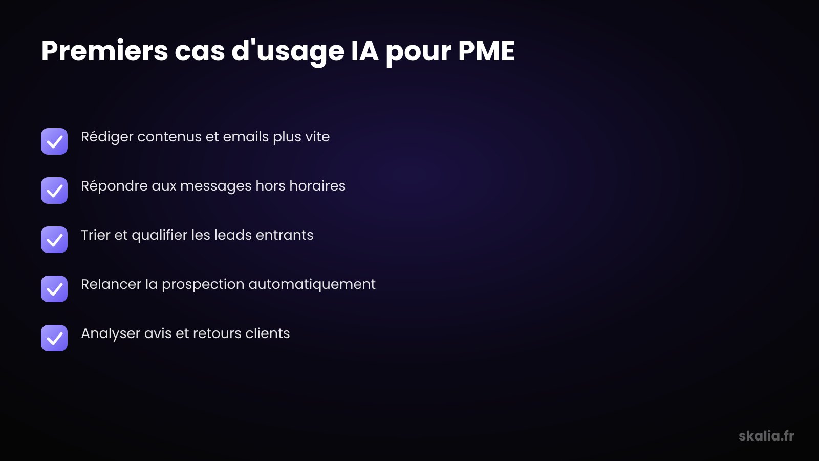 Checklist des premiers cas d'usage marketing IA pour une PME : contenu, emailing, prospection, analyse, service client