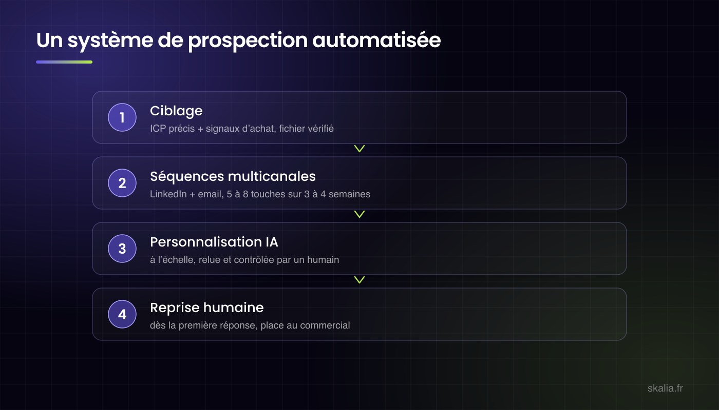 The 4 steps of an AI-powered automated prospecting system: precise targeting, multichannel LinkedIn and email sequences, controlled personalization, human handoff as soon as a prospect replies