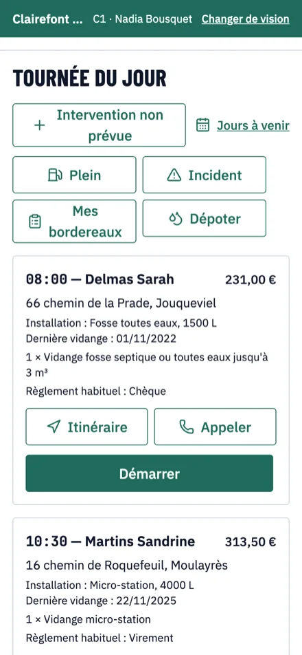 Tournée du jour du chauffeur sur son cellulaire : interventions, itinéraire, dépotage